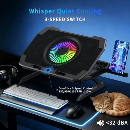LP-2 Laptop Cooling Pad & Phone Holder, Dual-Mode Ergonomic Laptop Cooling Stand with 7 Adjustable Heights, 5 RGB High-Performance Quiet Laptop Fans, 2 USB Ports & 3 Speeds Laptop Cooler for 15–21Inch