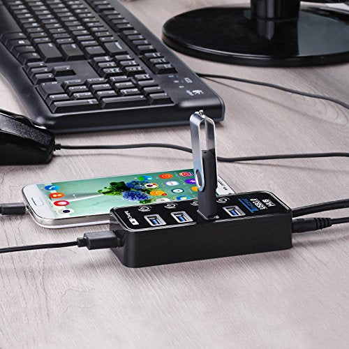 USB Hub with 4 USB 3.0 Data Ports + 1 USB Smart Charging Port | 5 Ports USB 3.0 Hub with Power Supply, Individual On/Off Port Switches for MacBook, Mac Pro, Hard Drive and More