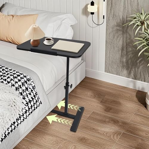 Adjustable Overbed Table, Overbed Bedside Table with Hidden Casters, 360° Swivel C Shaped Side Table, Mobile Laptop Computer Standing Desk for Home and Hospital Use (Black) - color: Black