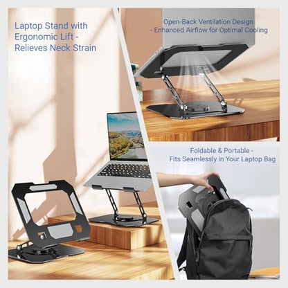 360° Rotating Laptop Stand for Desk, Heavy Duty Solid Steel Ergonomic Laptop Riser, Foldable Portable Computer Holder, Stable Adjustable Stand Compatible with MacBook Air/Pro 10-16 Inch Laptops - color: black
