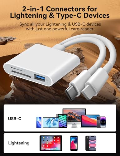 SD Card Reader for iPhone iPad Lightening USB-C Dual Connector Memory Card Adapter with Dual Slots & USB Port Trail Camera Viewer for Mac MacBook Pro/Air/Mini Android Laptop - size: Dual USB-C & Lightening plugs