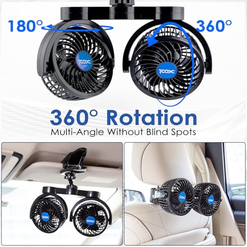 XOOL Clip Car Fan, Adjustable Dual Head 4 Inches 12V Fan for Front/Rear Seat Passenger, 360° Rotatable Electric Car Cooling Fans with Stepless Speed Regulation for SUV, RV, Vehicles - size: Cigarette Dual Fan - Clip