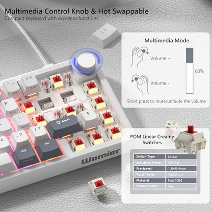 Womier 60% Gaming Keyboard Wired, Creamy Mechanical Keyboard QMK/VIA | Hot Swappable Gasket Mount RGB Key board & Translucent Keycaps POM Linear Switch for Windows/MAC (VK66 PRO White) - color: V-White Grey