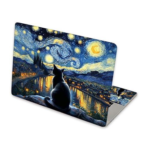 Universal Laptop Skin Sticker for 12/13/14/15.6 Inch Laptops, Reusable Vinyl Laptop Decal Protective Cover, Waterproof Scratch Resistant Notebook Skin with 2 Wrist Pads,Starry Night Black Cat - color: Starry Night Black Cat
