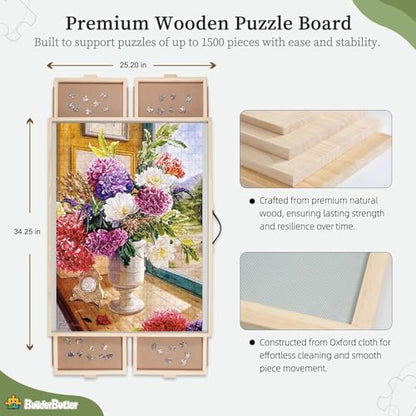 BuilderButler 1500 Pieces 2-in-1 Tilting & Rotating Puzzle Board – Portable Easel Puzzle Table with 4 Drawers & Cover, 34.25" x 25.2" for Puzzling, Fuse Beads, Diamond Painting - size: Medium-1500