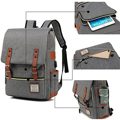 UGRACE Laptop Backpack, Grey, Unisex, 15.6" Laptop Compartment, 6 Compartments, USB Charge Port, Adjustable Shoulder Strap, PU Leather Belt - color: Grey
