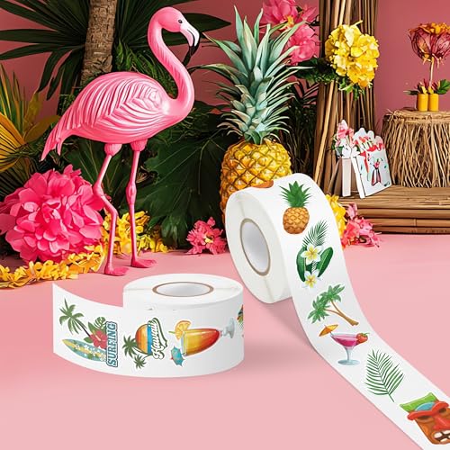 Hawaii Summer Stickers Rolls - 1000 Pcs Hawaii Waterproof Vinyl Reusable Laptop Stickers Coloring Book Scrapbook Water Bottle Page Activity Pad Summer Birthday Party Favors Gift Skateboard - style: Hawaii Summer