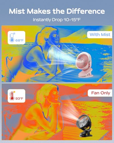 SWEETFULL Portable Misting Clip On Fan, USB-C Rechargeable Mini Personal Cooling Fan with 4 Speeds, 360° Rotatable, Quiet Cooling for Outdoor, Camping, Golf Cart, Travel, Stroller & Desk (Pink) - color: Pink