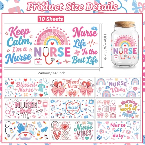 Peacoblue UV DTF Cup Wraps Transfer Stickers Nurses' Day Medical Theme Pattern, 10 Sheets Waterproof Custom Vinyl Transfer Sticker 16oz Coffee Glass Cup Tumbler Bottle Mug Decals for Men Women - style: Nurses' Day Medical Theme