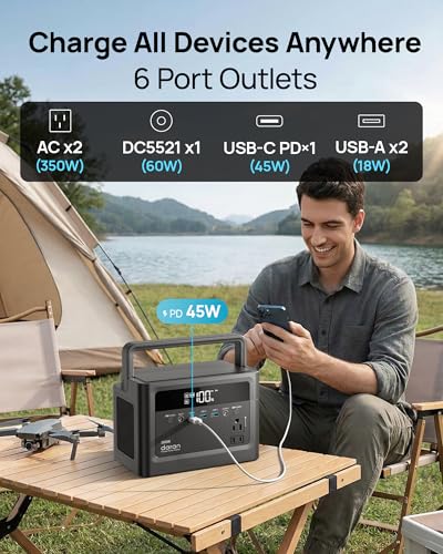 Portable Power Station 350W, 230.4Wh Power Bank LiFePO4 Battery 110V Pure Sine Wave AC Outlet with PD Fast Charging, Solar Generator for Camping, Emergency, Laptop, RV, Off-Grid Living (Surge 700W) - color: Black