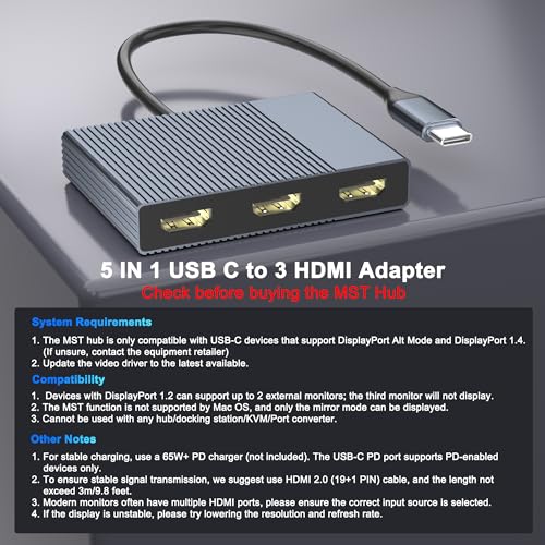 USB C to 3 HDMI Adapter with PD 100W/USB3.0, 4K@60Hz 3 Way HDMI Splitter Extended Display for 3 Monitors, Triple Monitor Docking Station for Dell/HP/Mac Laptop, SST/MST USBC Hub for Multiple Monitors