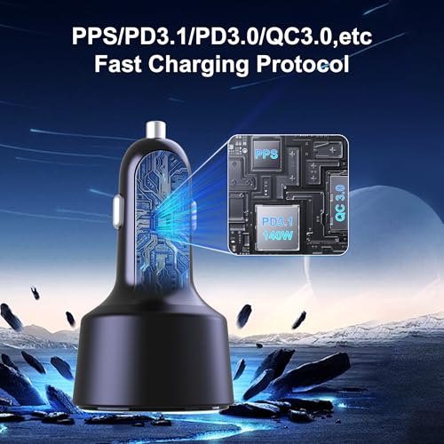 205W USB C Car Charger - 3-Ports, PD3.1 140W | PPS/QC3.0 Fast Charging, Type C Laptop Cigarette Lighter Adapter for MacBook Pro, iPhone 17/16 Pro Max