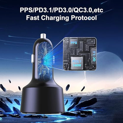 205W USB C Car Charger - 3-Ports, PD3.1 140W | PPS/QC3.0 Fast Charging, Type C Laptop Cigarette Lighter Adapter for MacBook Pro, iPhone 17/16 Pro Max