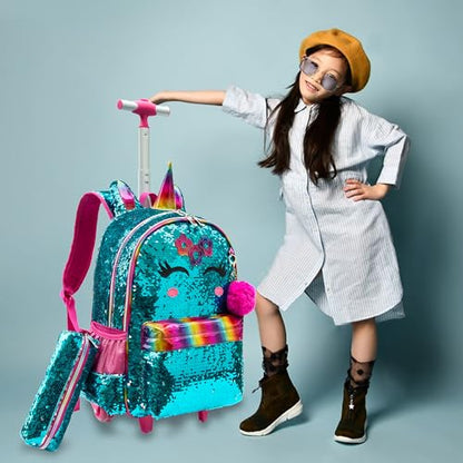 School Kids Rolling Backpack for Girls 3PCS With Trolley Wheeled Backpacks - color: Green-220308-l