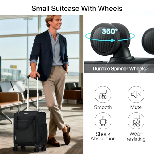 MILADA Underseat Carry On Luggage with Wheels, Airline Approved 16-inch Spinner Small Suitcase, Softside Travel Luggage, Personal Item Overnight Bag, Business Mini Suitcase for Women and Men, Black - color: Black