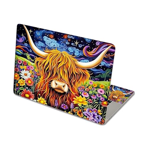 Aesthetic Laptop Skin Sticker, Highland Cow in Blooms Waterproof Vinyl Laptop Decal, Removable Bubble Free, Reusable Protective Cover for 13 14 15 15.6 Inch - color: Highland Cow in Blooms