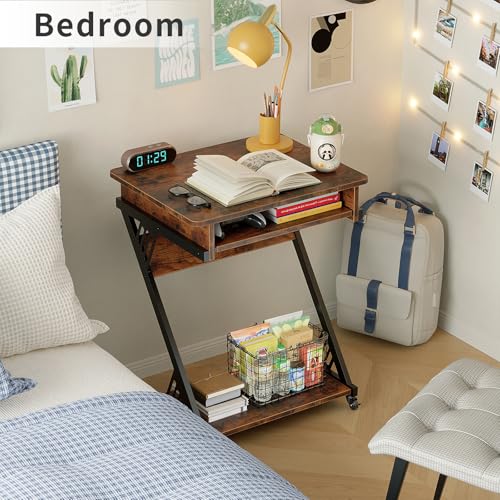 ALISENED Computer Desk for Small Spaces Compact Desk with Keyboard Tray | 23.6" Z-Shaped, with Wheels and Bottom Shelves, for Home Office, Computer Cart Mobile Laptop Cart, Rustic Brown - color: Brown