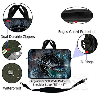 Laptop Sleeve 15" Compatible with Dell, Asus, Acer, Handle & Adjustable Shoulder Strap & Matching Skin Sticker Compatible with 15" 15.4" 15.6" - Clock Butterfly Time - color: Clock Butterfly Time, size: 15 inch