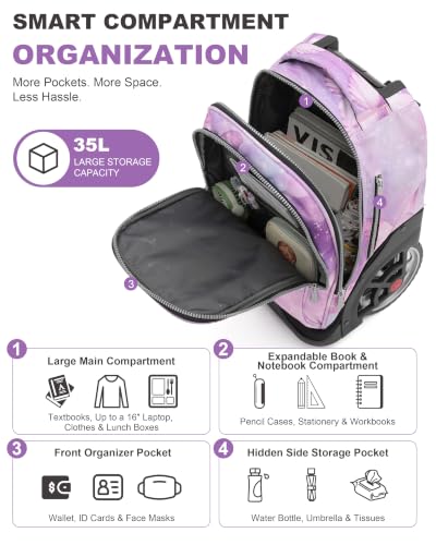 NEW TILAMI 19 Inch Rolling Backpack with Lunch Bag School Stair-Climbing | Stair-Climbing Teen Boys Girls Carry-on Suitcase Large Compartment 15.6 Laptop Sleeve Adjustable Handle Roller Travel Bag - color: Purple Butterfly