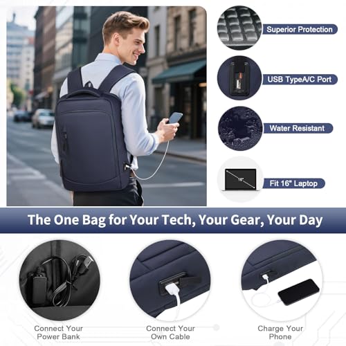 Small Inch Laptop Backpack with USB A/C Port, Slim Water-Resistant Computer Backpack for Work, College and Travel, Blue - color: Blue