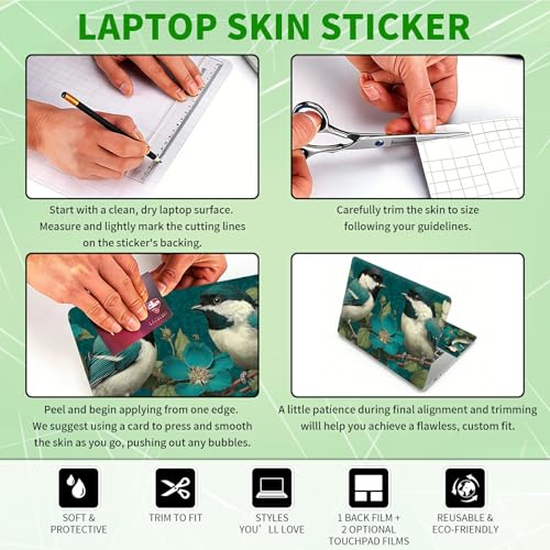 Laptop Skin Sticker Decal, Universal Protective Cover Fit 12 13 14 15.6 Inch Notebook, Reusable Water-Resistant Vinyl Decal w/ 2 Wrist Pads for Business Travel Office, Green Hummingbird Flower - color: Green Hummingbird Flower