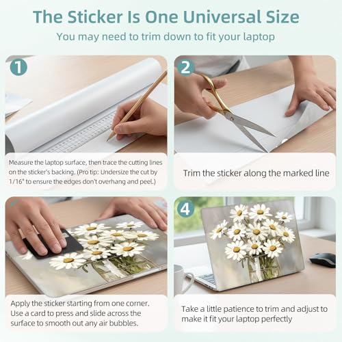 Universal Laptop Skin Decal, 3-Piece Vinyl Protector for 12 13 14 15.6" Notebook, Waterproof Anti-Scratch, Easy Trim & Bubble-Free Finish, Glass Vase Filled with White Daisies - color: Glass Vase Filled with White Daisies