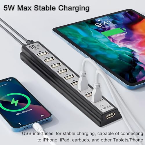 Powered USB Hub 2.0, VIENON 10-Port USB Hub USB Extender Splitterwith Individual LED Indicator Light for MacBook, PC, Laptop, Desktop - style: Powered 10-Port