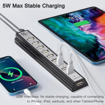 Powered USB Hub 2.0, VIENON 10-Port USB Hub USB Extender Splitterwith Individual LED Indicator Light for MacBook, PC, Laptop, Desktop - style: Powered 10-Port