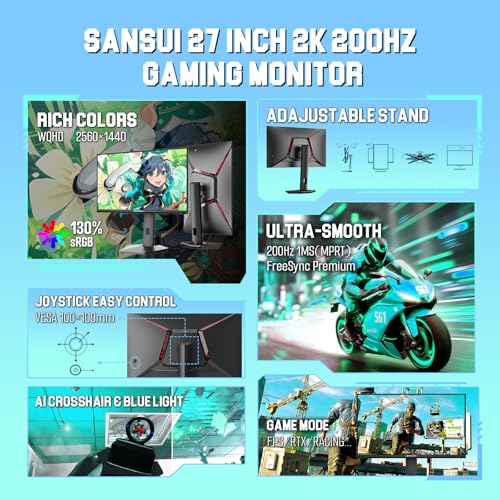 SANSUI Gaming Monitor 27" 1440P 200Hz 180Hz WQHD 2560×1440-AMD FreeSync 1ms DCI-P3 95% Fast IPS Computer Monitor,Height Adjustable Vertical/Horizontal Rotating, 2×DisplayPort/HDMI 丨HDR丨Low Motion Blur - size: 27 inch