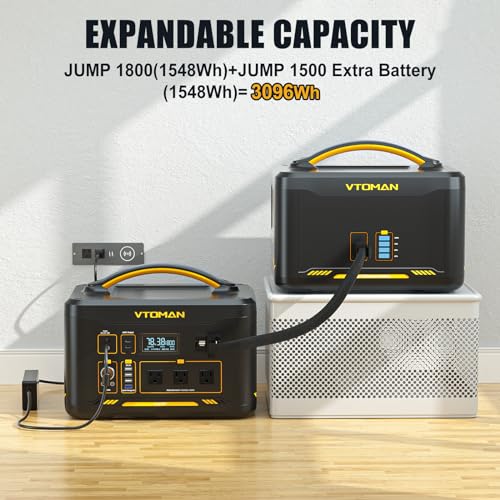 Vtoman 3096Wh Solar Generator with Extra Battery Included, 1800W (Peak 3600W) LiFePO4 Battery Power Station for Power Outages, RV, Camping, Emergencies - style: Jump1800+ExtraBattery