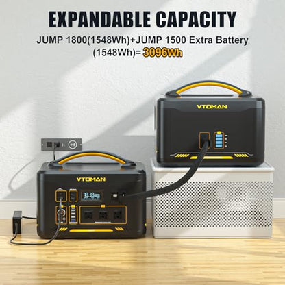 Vtoman 3096Wh Solar Generator with Extra Battery Included, 1800W (Peak 3600W) LiFePO4 Battery Power Station for Power Outages, RV, Camping, Emergencies - style: Jump1800+ExtraBattery