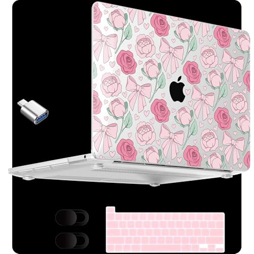 MEEgoodo for M2 MacBook Pro 13 inch Case 2022 2021 2020,Crystal Cover Fit Model A2338 M2/M1 A2251 A2289,Clear Case for 13.3-inch Laptop,Hard Shell for MacBook Pro M2, Pink Peony & Bow - color: Pink Peony & Bow