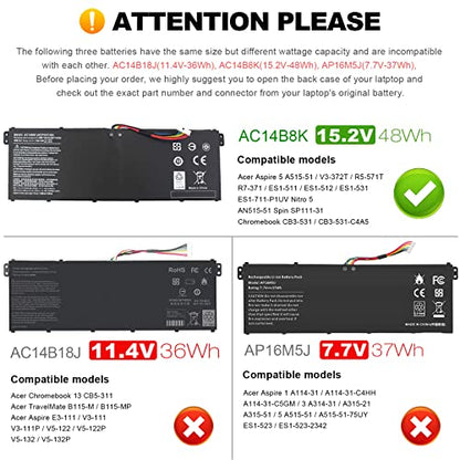 AC14B8K Laptop Battery for Acer Aspire R3-131T R5-471T R5-571T R5-571TG E3-111 E3-112 ES1-511 ES1-512 ES1-531 ES1-520 ES1-111M R7-371T R7-372T V3-111 fits KT.0040G.004, KT0030G.004, 3ICP5/57/80 - size: 11.13*2.15*0.77inch AC14B8K
