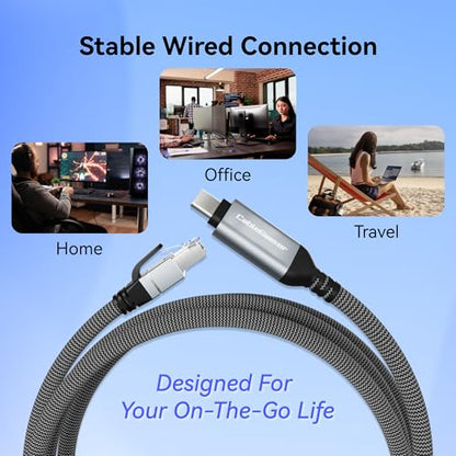 Ethernet to USB-C Cable, 6FT Gigabit Braided Nylon LAN Internet Cable, 1000Mbps High Speed USB C to RJ45 Adapter for Laptop, Tablet, PC, Phone, Router
