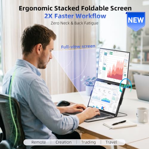 15.6" Dual Laptop Screen Extender - Ultra Thin Stacked Foldable Portable Monitor, FHD 1080P USB-C/HDMI Plug & Play, 180° Screen Adjustment for 13-17.3" Mac/Windows Laptops, Ideal for Work & Gaming