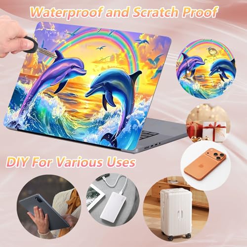 Laptop Skin Sticker Decal 12" 13" 13.3" 14" 15" 15.6",Waterproof Scratch Resistant Vinyl,Reusable Easy to Apply,for MacBook HP Dell Notebooks Netbooks Laptop,2 Wrist Pads,Dolphin Couple Rainbow - color: Dolphin Couple Rainbow