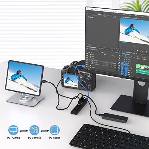 RAOYI Powered USB 3.0 Hub, 8 Ports High Speed USB 3.0 Hub Splitter with 36W Power Adapter, 3.3ft Cable and Smart Fast Charger USB Hub for Laptop, PC, Mobile HDD, Mulitple Devices (Black) - size: Black, style: 8-Port 36W Trapezoid