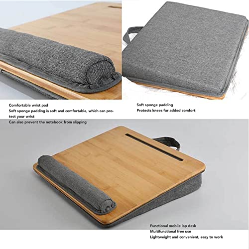 21.7x14.2 Inch Bamboo Laptop Lap Desk for Remote Workers Studying from Home,Supports up to 18.5 Inch Laptops,Built in Pu Leather Mouse Pad Wrist Slot,Comfortable Pillow