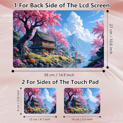 Laptop Skin Sticker Decal 12" 13" 13.3" 14" 15" 15.6",Waterproof Scratch Resistant Vinyl,Reusable Easy to Apply,for MacBook HP Dell Notebooks Netbooks Laptop,2 Wrist Pads,Cherry Blossom House - color: Cherry Blossom House