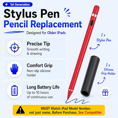 Stylus Pen Pencil 1st Generation Gen Replacement for Apple iPad Pro 1st Gen, iPad 1/2/3/4/5, iPad Mini 1/2/3/4, iPad Air 1/2, Android Tablets, Capacitive Touch Screen + Free Silicone Grip Holder (Red) - color: Red