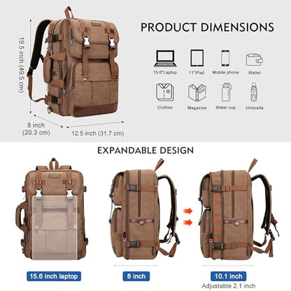 WITZMAN Canvas Travel Backpack for Men Large Laptop Backpack Fits 16 Inch | Expandable 32L to 42L, Carry-on Airline Approved Convertible Shoulder Rucksack, For Vacation, Overnight Trip, A6617 Brown - color: Brown