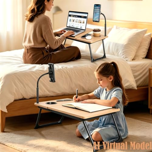 Lap Desk with Tablet Holder for Bed and Sofa, Wood Fin | Fits Laptops up to 17 inch, Built-in Cup Holder, Gooseneck Phone Stand, Extended Mouse Surface, Foldable Alloy Steel Legs - color: Natural