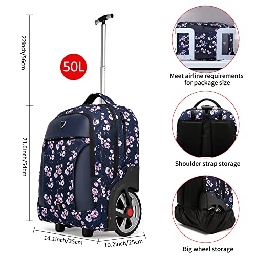 YH&GS Rolling Backpack Floral, Waterproof with Wheels for Business, College Student and Travel Commuter, Carry on Laptop Compartment, Fit 17 Inch Laptop, Wheeled Adults, 20inch - color: Floral