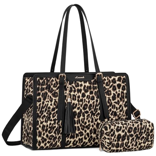 LOVEVOOK Laptop Bag for Women - 15.6 inch Lightweight Canvas Laptop Tote, Large Capacity Computer Bag with Clutch Purse for Business, Work, Office, Travel, Leopard - color: Leopard Print, size: 15.6 Inch