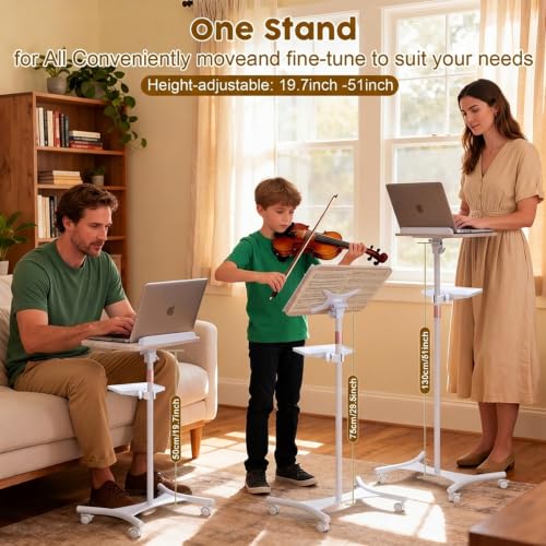 2 in 1 Dual-use Music Stand & Desktop Book Stand, Adjustable Height 16.5"-51", 100% Solid Wood Laptop Floor Stand Book Holder with Elastic Page Clips for Cookbooks (White with Tray and Wheels) - color: White With Tray and Wheels
