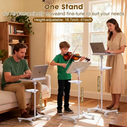 2 in 1 Dual-use Music Stand & Desktop Book Stand, Adjustable Height 16.5"-51", 100% Solid Wood Laptop Floor Stand Book Holder with Elastic Page Clips for Cookbooks (White with Tray and Wheels) - color: White With Tray and Wheels