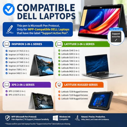 Active Pen for Dell 2-in-1 Touchscreen Laptop, MPP Stylus, Palm Rejection | 1024 Pressure Level, Palm Rejection, Dual Shortcut Buttons, 2500-Hour Battery for Inspiron 5379/7586, Latitude 3190/3390/7230 - color: Silver