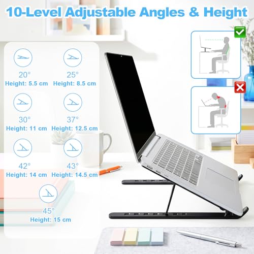 SAYEEC Laptop Stand for Desk Portable Laptop Riser 7 Angles Ergonomic Adjustable Computer Stand Aluminum Foldable Laptop Stands Ventilated Cooling Notebook Holder for 10-15.6" Laptops Tablet (Black) - color: Black