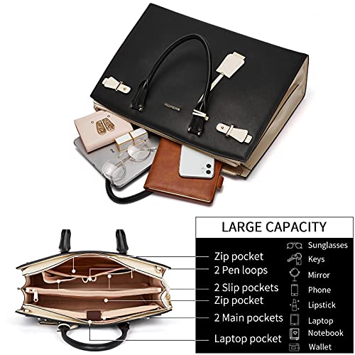 BOSTANTEN Genuine Leather Briefcase for Women 15.6'' Laptop Work Tote Bag | Laptop Compartment, Spacious Interior, Structured, Professional Style, Detachable Shoulder Strap, Office, Business, Commute - color: B-black