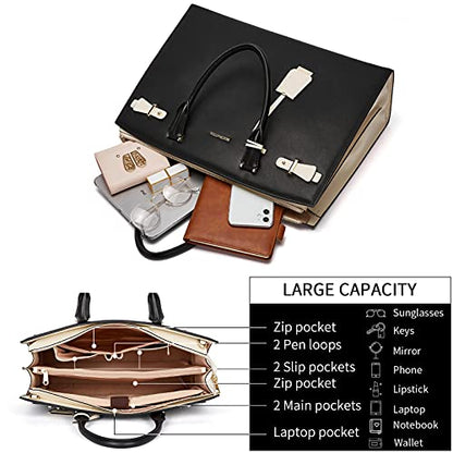 BOSTANTEN Genuine Leather Briefcase for Women 15.6'' Laptop Work Tote Bag | Laptop Compartment, Spacious Interior, Structured, Professional Style, Detachable Shoulder Strap, Office, Business, Commute - color: B-black